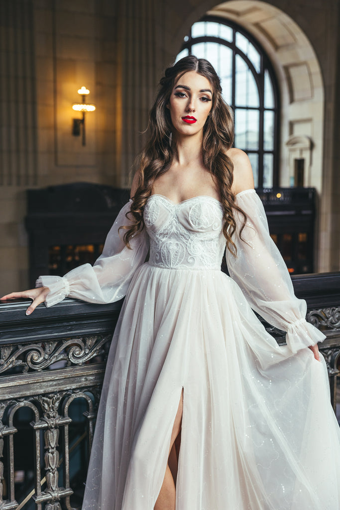 ERICA 0230 | Corset bodice wedding dress with a slit-Vanya Designs Bridal Shop