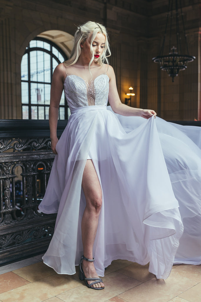 MELANIE | Romper and chiffon overskirt-Vanya Designs Bridal Shop