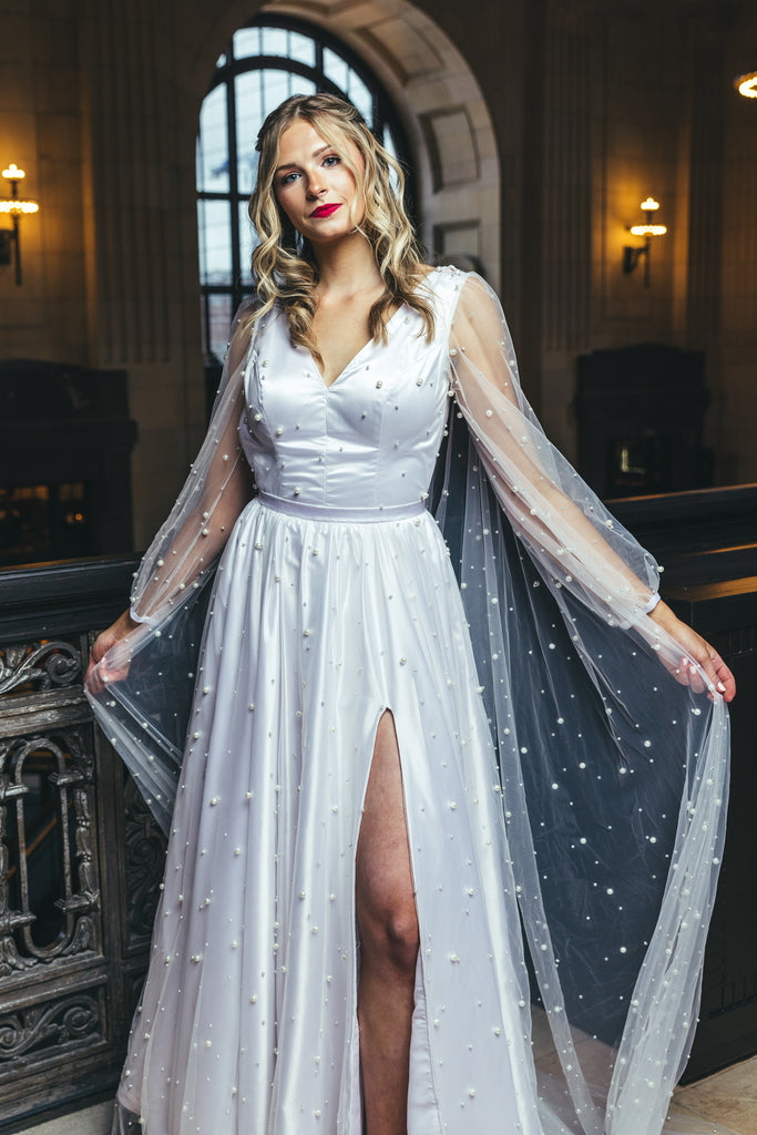 REGAN 0234 | Pearl tulle wedding gown with a slit-Vanya Designs Bridal Shop