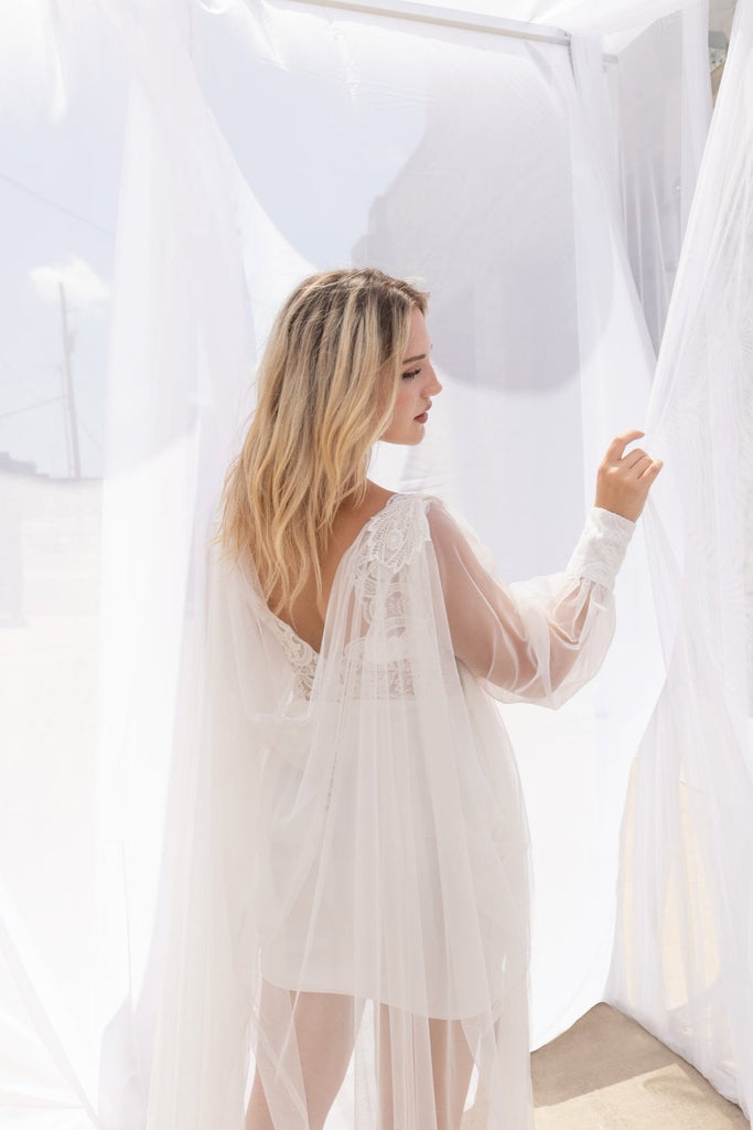 DESIREE | Little white dress and detachable cape/veil-Vanya Designs Bridal Shop