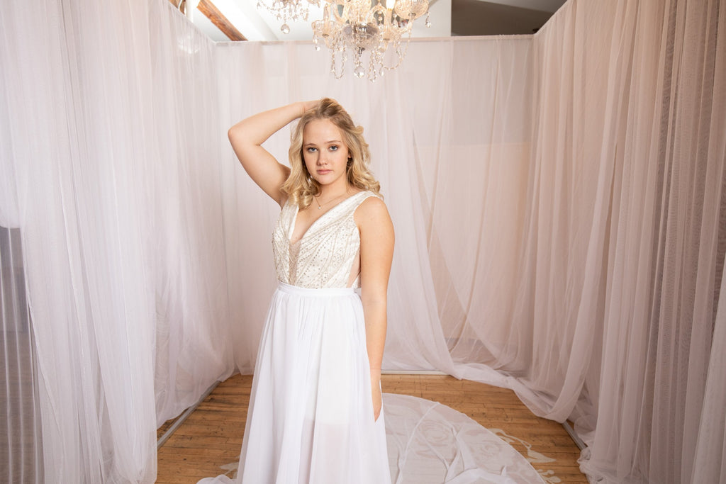 ELIZABETH | Beaded Romper with Removable Chiffon Overskirt-Vanya Designs Bridal Shop