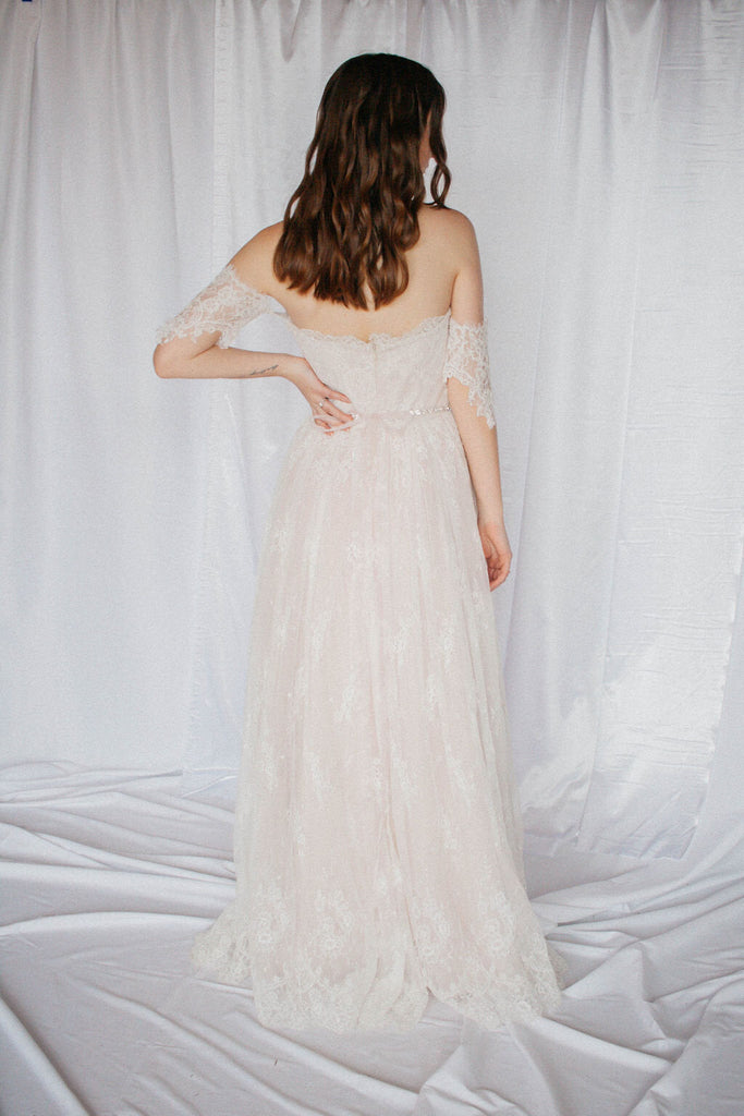 LAUREL | Blush Chantilly lace hi-lo wedding dress-Vanya Designs Bridal Shop