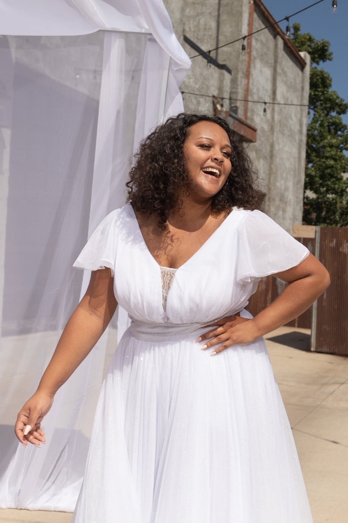 KATE | Plus-size romper with sparkle overskirt-Vanya Designs Bridal Shop