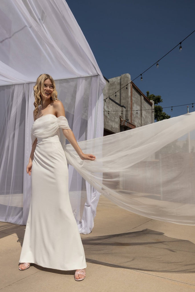 KELSIE | Little white crepe dress with removable chiffon train and collar-Vanya Designs Bridal Shop