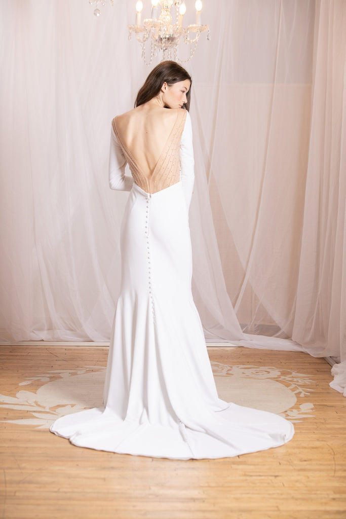 LAUREN | Long-sleeved Crepe dress with detachable Organza train-Vanya Designs Bridal Shop