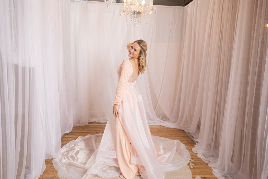 LAUREN | Long-sleeved Crepe dress with detachable Organza train-Vanya Designs Bridal Shop