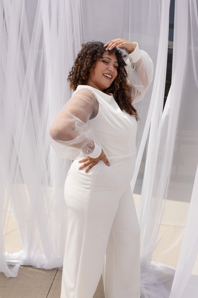 LIBBI | Plus-size bridal jumpsuit with detachable cape veil-Vanya Designs Bridal Shop