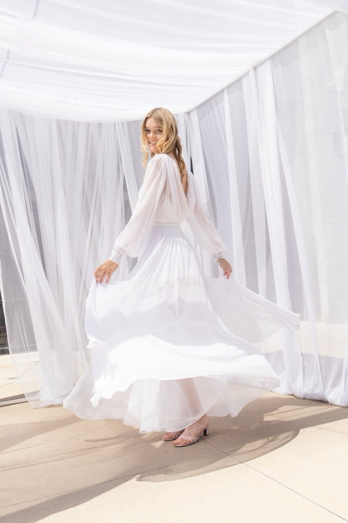 MALORIE | Convertible little white Chiffon dress with romper underneath-Vanya Designs Bridal Shop