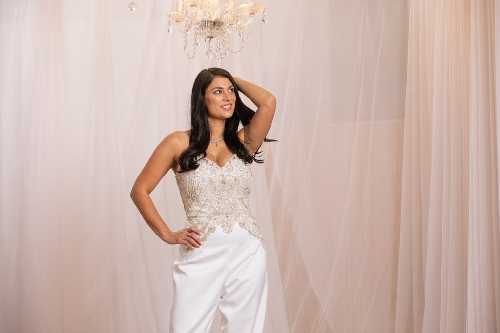 PEARL | Satin bridal jumpsuit with removable Organza overskirt-Vanya Designs Bridal Shop