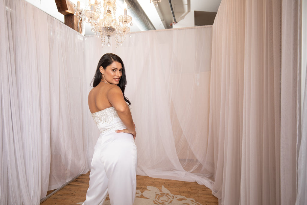PEARL | Satin bridal jumpsuit with removable Organza overskirt-Vanya Designs Bridal Shop