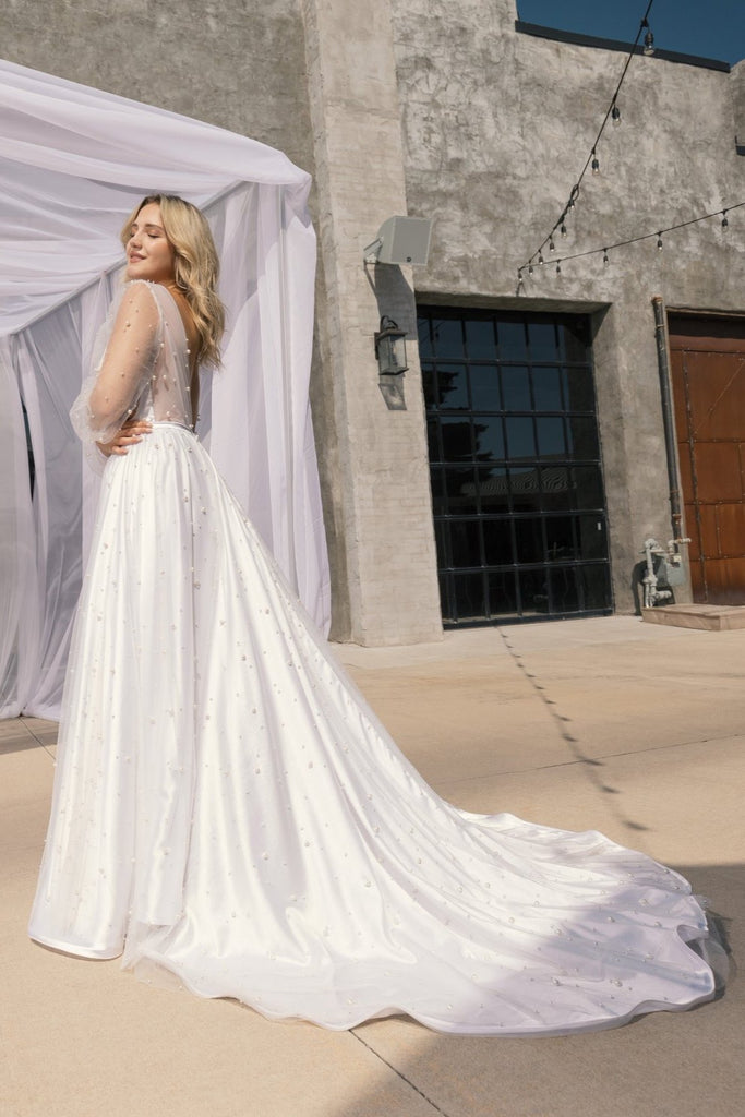 REGAN | Pearl Tulle A-line wedding dress with sheer sleeves and detachable cape/veil-Vanya Designs Bridal Shop