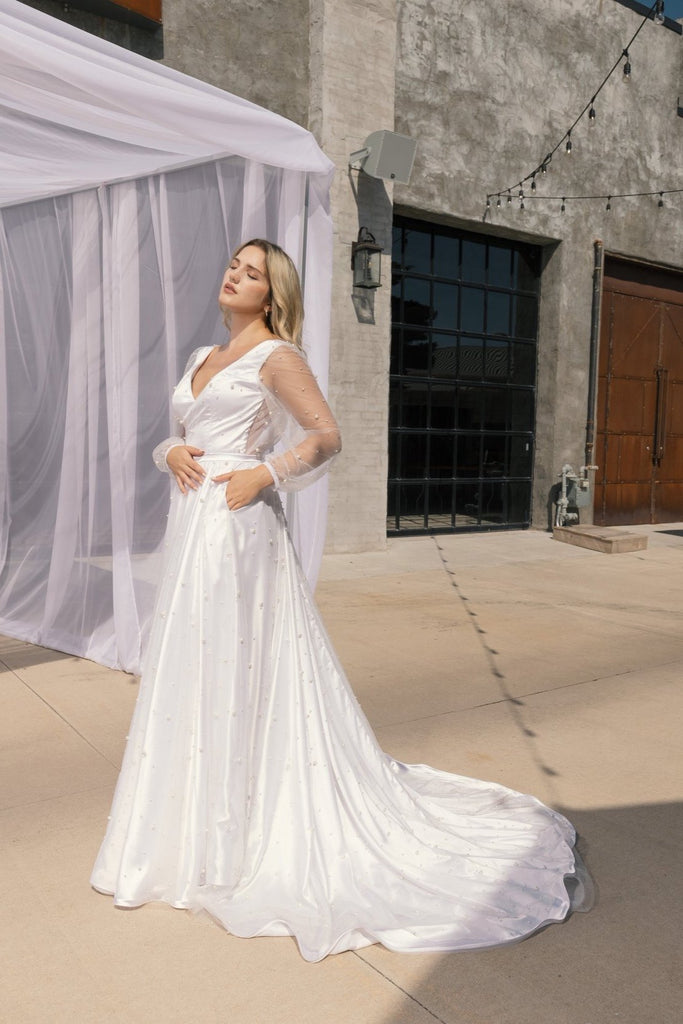 REGAN | Pearl Tulle A-line wedding dress with sheer sleeves and detachable cape/veil-Vanya Designs Bridal Shop