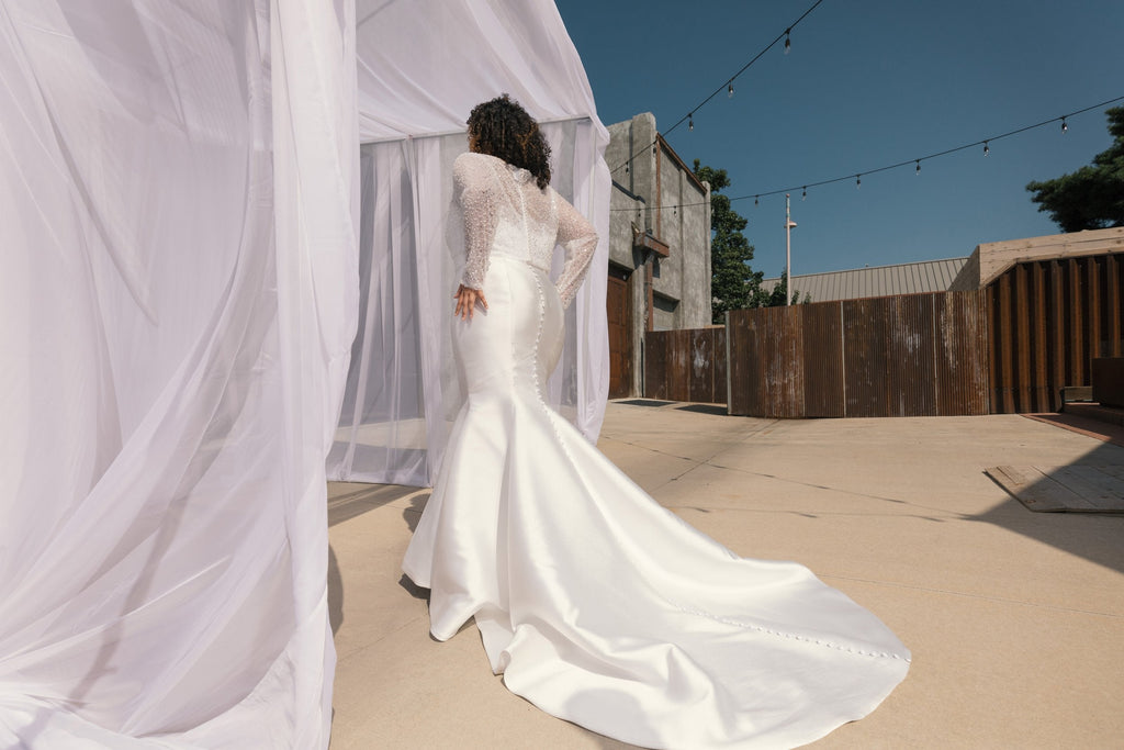 SOPHIE | Plus size strapless Mikado mermaid with removeable beaded jacket-Vanya Designs Bridal Shop