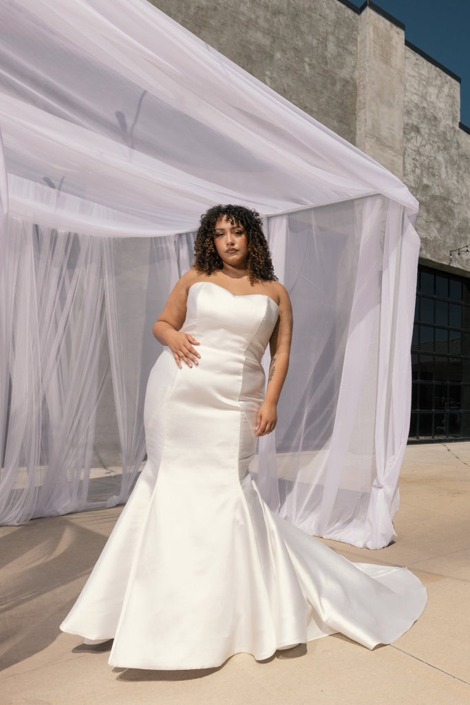 SOPHIE | Plus size strapless Mikado mermaid with removeable beaded jacket-Vanya Designs Bridal Shop