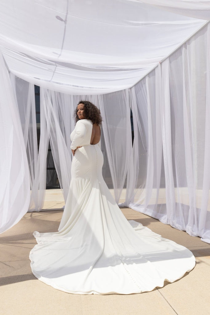 SYDNEY | Plus size Crepe long sleeved fit & flare wedding dress-Vanya Designs Bridal Shop
